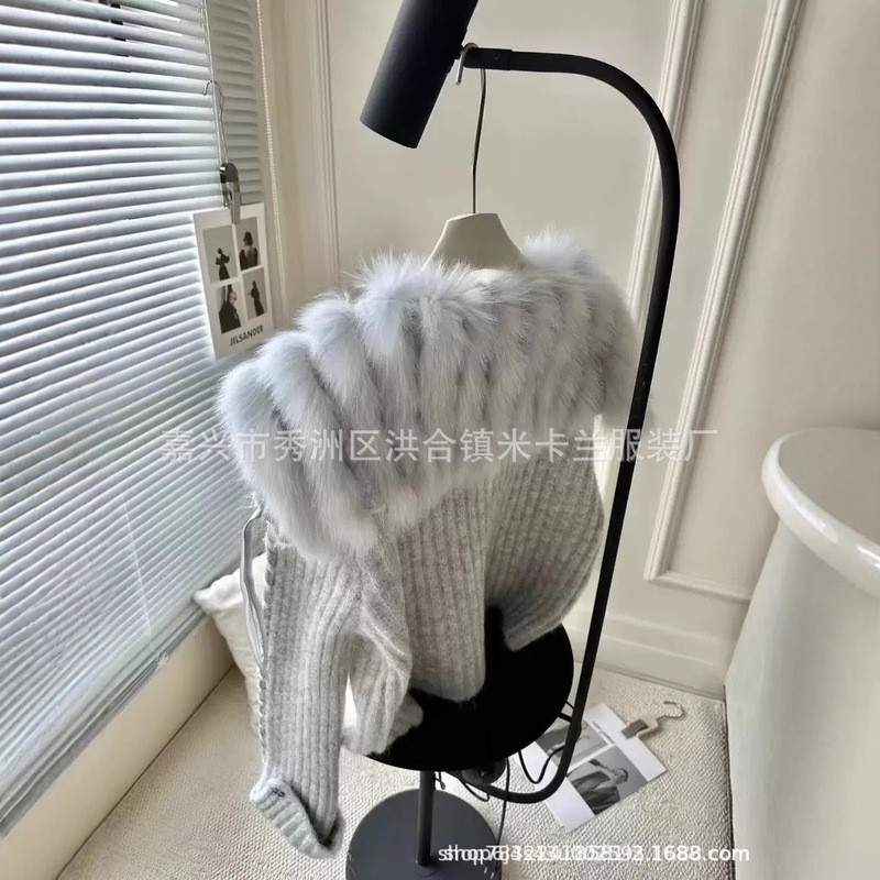 真狐狸毛四色批发新款百搭海军领翻袖手工穿绳皮草针织毛衣开衫女|undefined