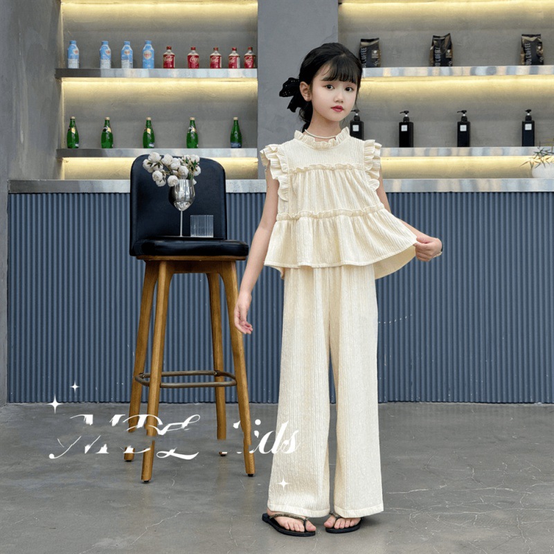 in dekliška poletna oblačila 2024 nova srednje velika do velika otroška majica brez rokavov, široke hlače v princeskinem slogu, dvodelna_voghion.com