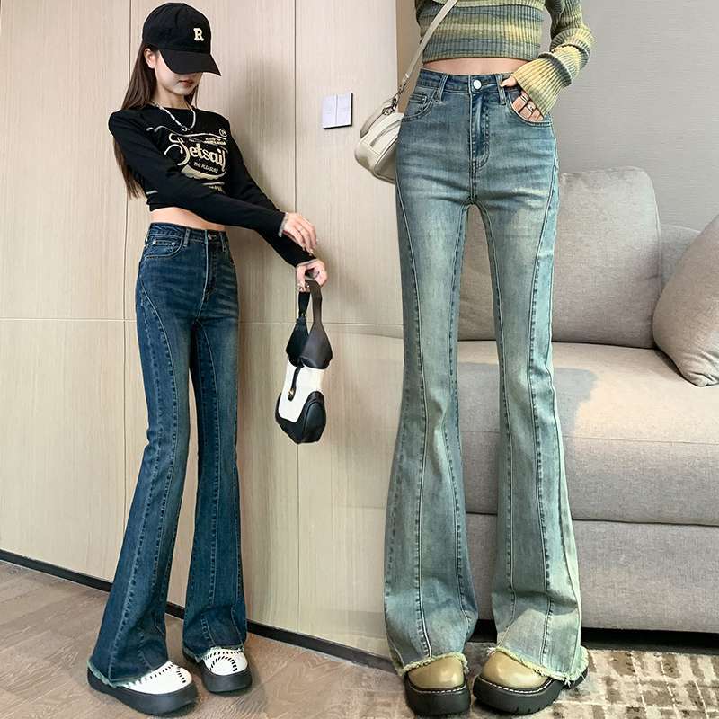 美式复古微喇牛仔裤女秋高腰弹力修身显瘦毛边喇叭马蹄裤