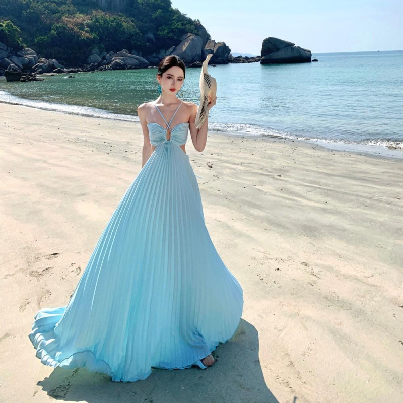 French-Style High-End Light Blue Hollow-Out Halter Neck Dress, Sexy Pleated Vacation Long Dress, New Summer Style French-Style High-End Light Blue Hollow-Out Halter Neck Dress, Sexy Pleated Vacation Long Dress, New Summer Style