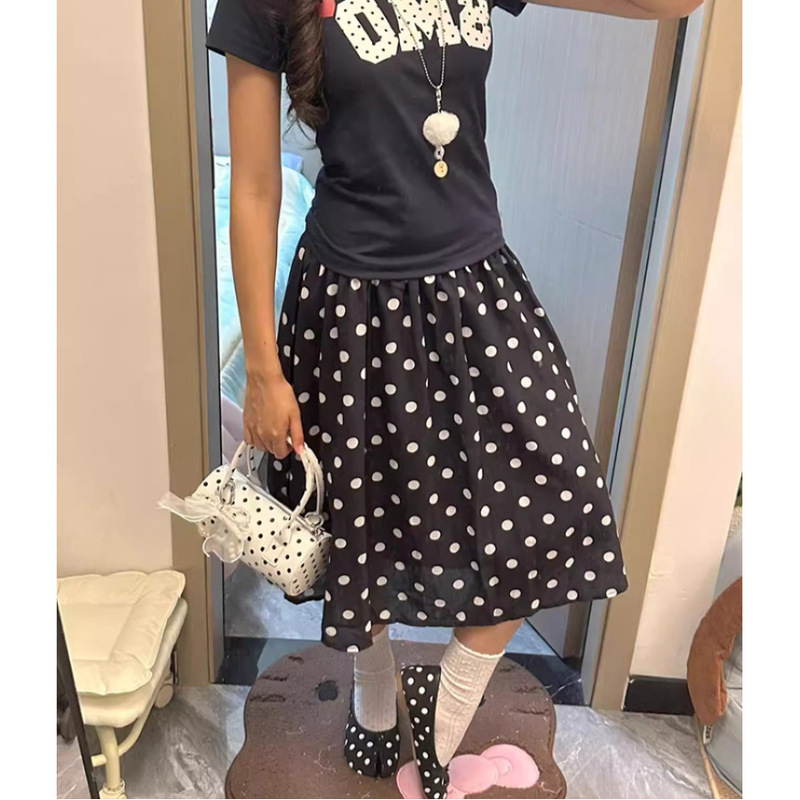 [Ready Stock] Black Polka Dot Mid-Skirt with Elastic Waist and Lining, Retro Niche Personalized Skirt