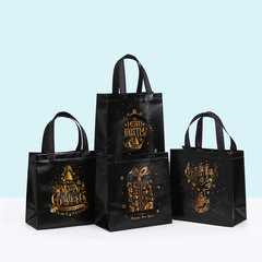 クリスマスギフトバッグブラックプリントハンドバッグ立体ラミネートバッグパーティー不織布バッグ卸売テイクアウトバッグ