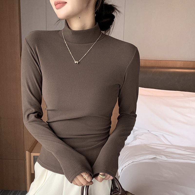 H527宽条纹纯色半高领打底衫女士修身显瘦中领上衣可内搭可外穿|undefined