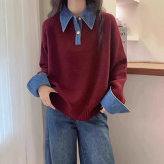 牛仔袖拼接假两件毛衣女套头2025秋冬新款宽松POLO领针织衫上衣