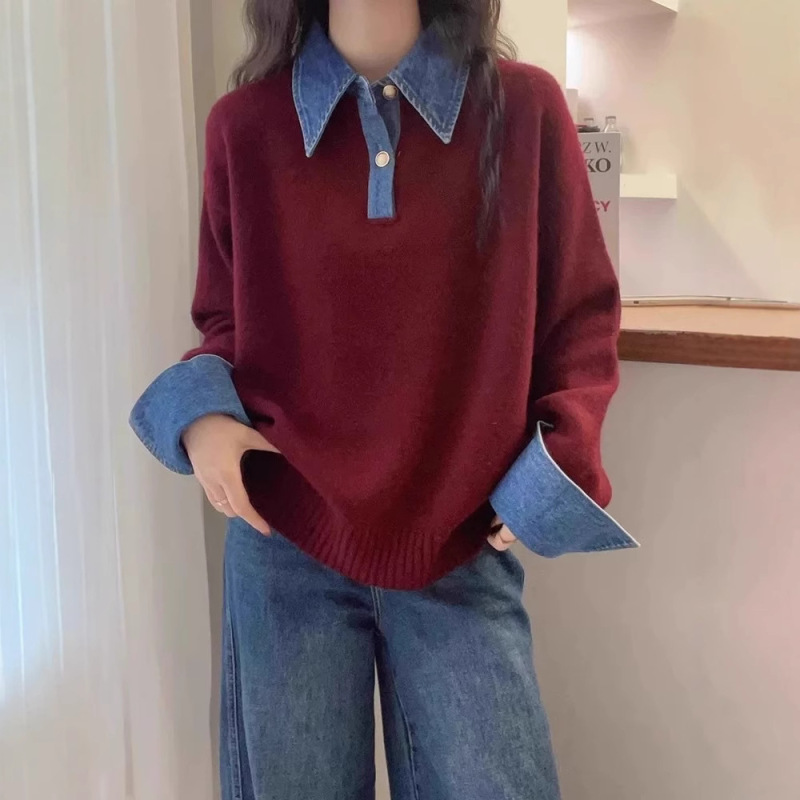 Denim Sleeve Splicing Fake Two-Piece Knitwear Women's Pullover 2025 Autumn and Winter New Loose Polo Collar Knitwear Top