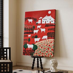 Medieval Style Abstract Ranch Decorative Painting Living Room Cow-Filled Retro Hand-Painted Oil Painting Red Animal Landscape Hanging Painting