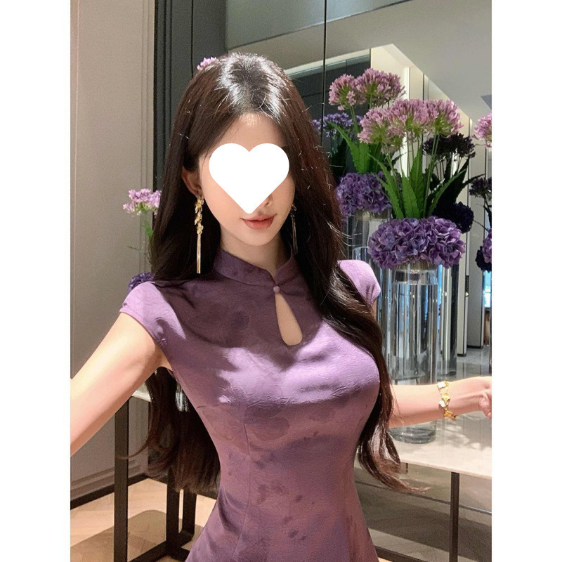 Purple, Flattering, New Chinese-style, High-end, Improved Printed Short-sleeve Cheongsam, 2025 Summer Elegant Long Dress_ecoleips.com