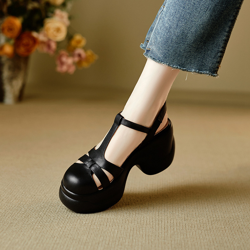 Sandal nữ quai chữ T đế xốp dày phong cách La Mã dệt — đen