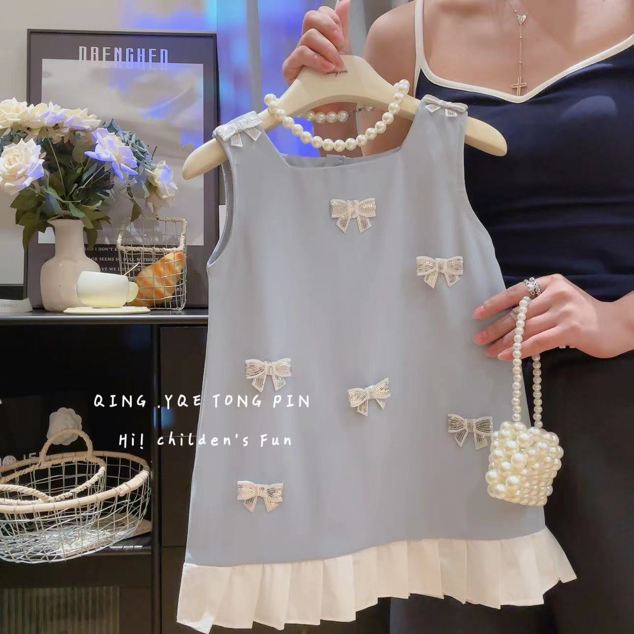 Girls 2025 summer new Korean version baby girl fashion bow sleeveless vest dress 28066