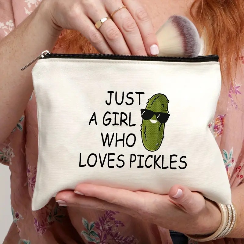 Bolsa de Maquillaje de Lino con Estampado de Pepino de Temu, Bolsa de Almacenamiento de Cosméticos con Cremallera para Mujer, Impresión a Doble Cara