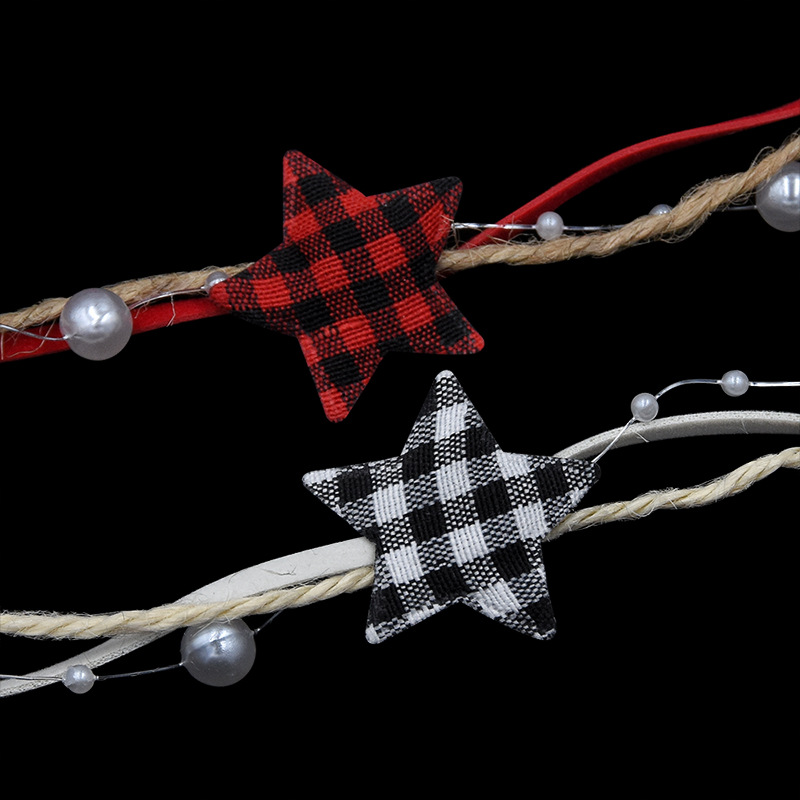 Cruz-frontera nueva Navidad Rojo Negro Plaid estrella de cinco puntas decoración con la decoración del árbol de Navidad DIY regalo correa a cuadros blanco y negro