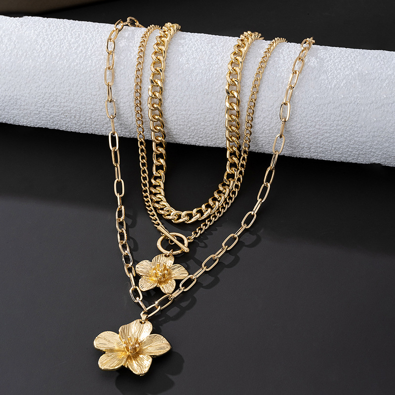 Collier pendentif fleur plissée dorée, tendance européenne et américaine, pour femme, style multi-rangs._voghion.com