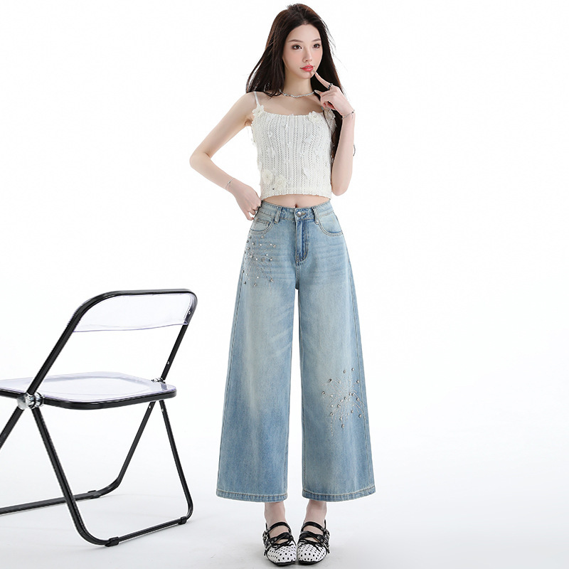 Spring and Summer New High-Quality Heavy-Duty Rhinestone Wide-Leg Pants, Straight-Leg Cropped Pants, and Cropped Jeans for Women