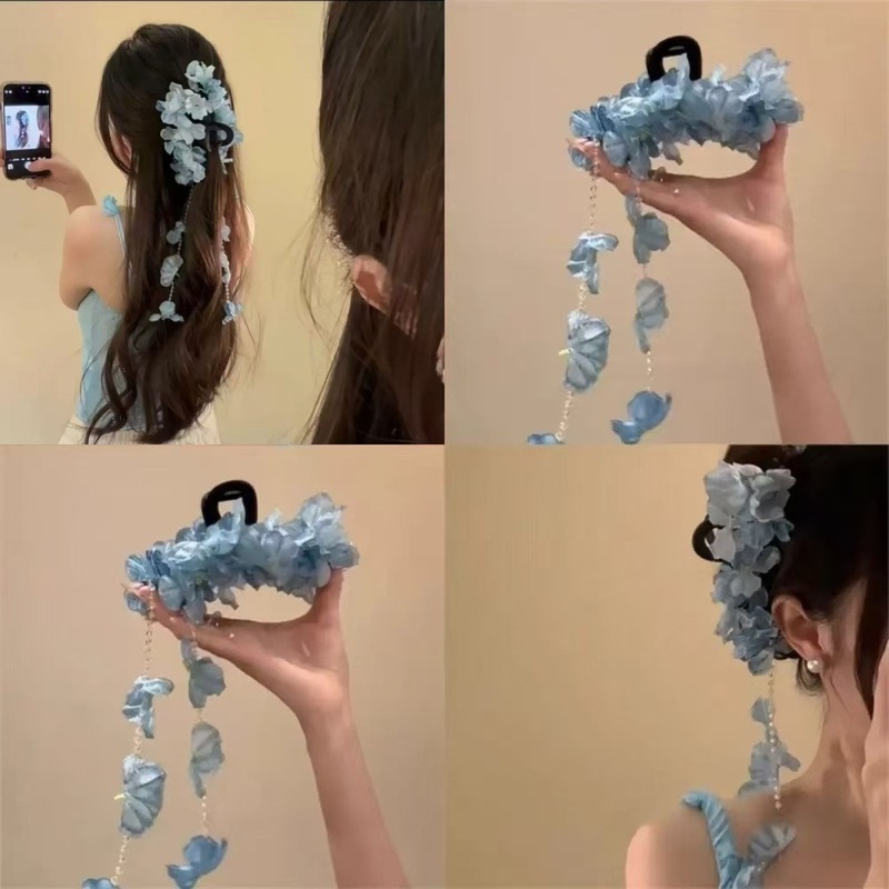超仙唯美气质粉色蓝色蝴蝶花朵串珠流苏发夹女温柔氛围感抓夹发饰|undefined