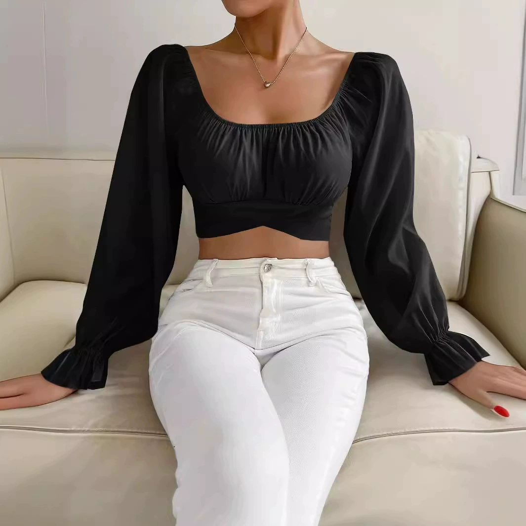 Шифоновые блузки с длинными рукавами, sexy длинный пояс, квадратный вырез