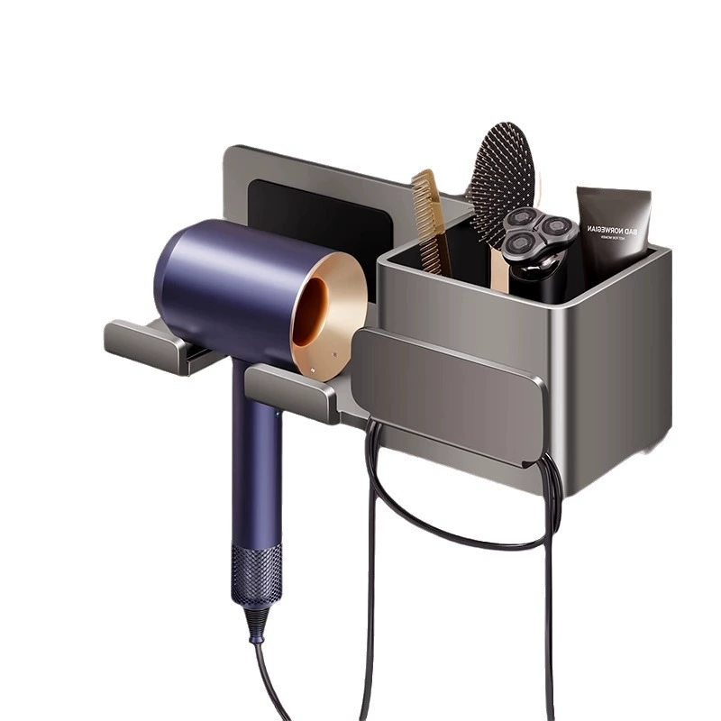 Hair dryer wall mount with no-drill bathroom storage cord management holder for hair dryer bathroom shelf
