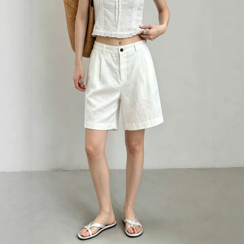 European and American Foreign Trade Amazon White Linen Shorts for Women, Summer Loose Wide-Leg Five-Point Pants, Cotton-Linen Dress Pants, Work Pants