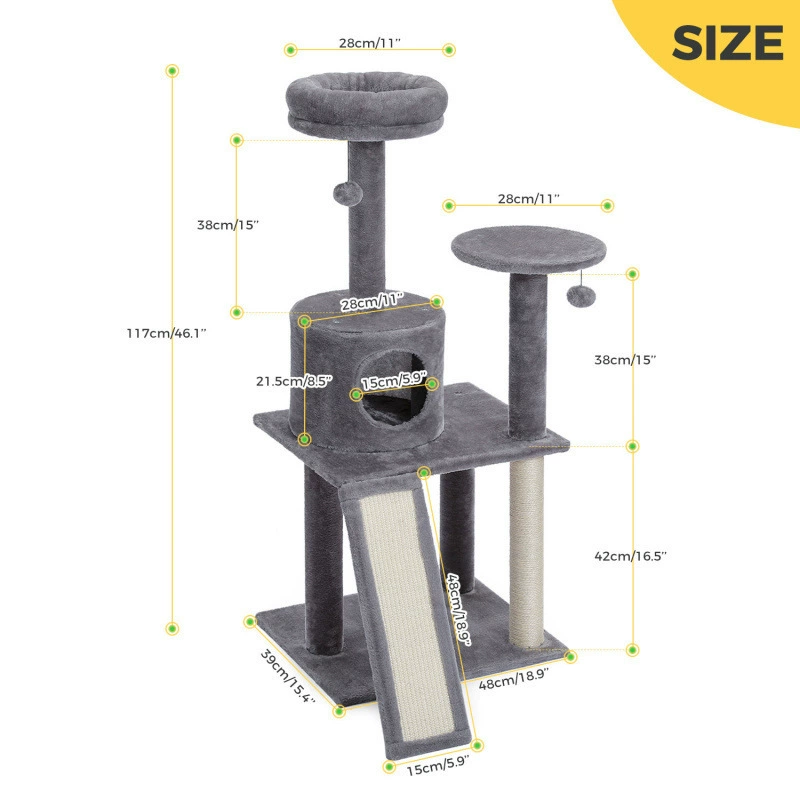Multi‑level cat tree, plush cozy condo with scratching posts and hanging toys, multiple color codes
