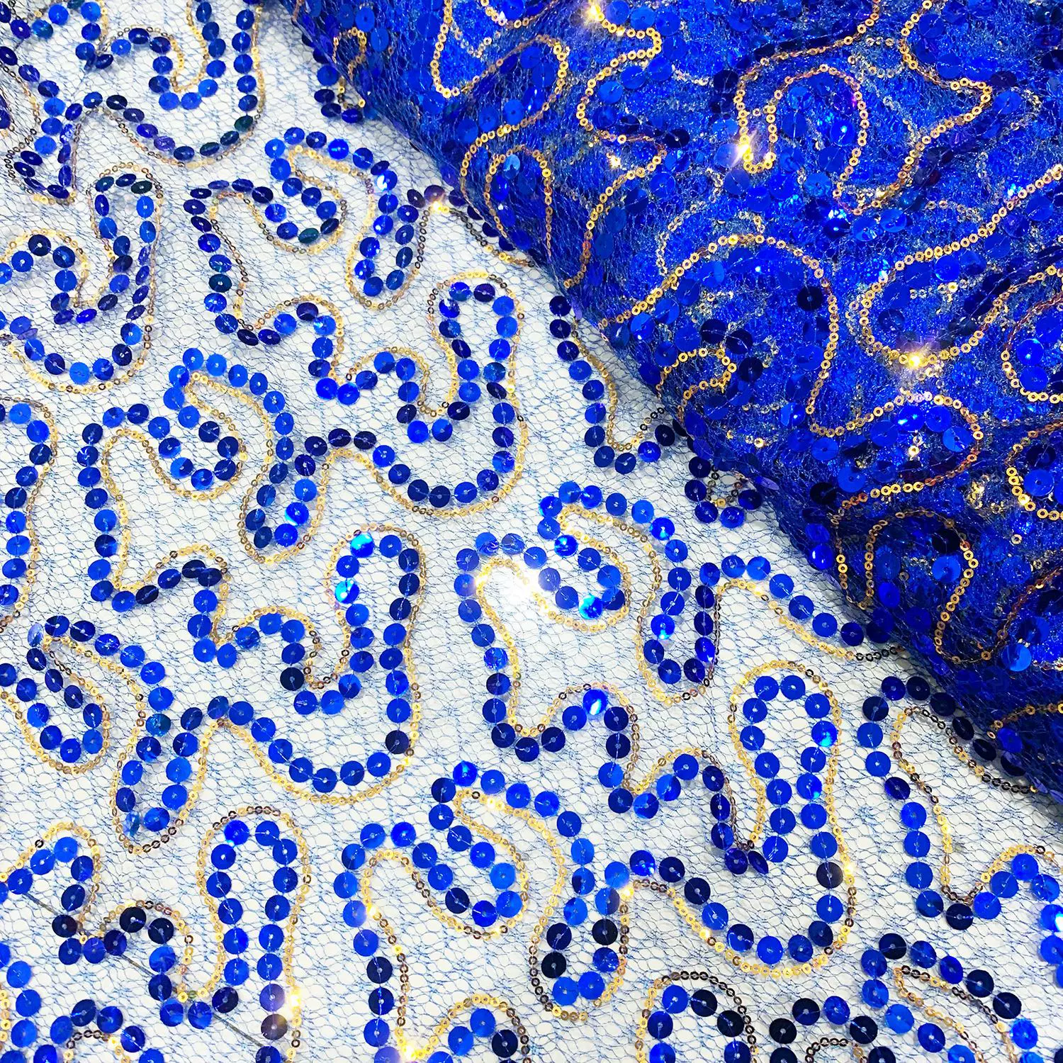 厂家现货网纱双色亮片绣花面料 婚庆表演服礼服刺绣布料