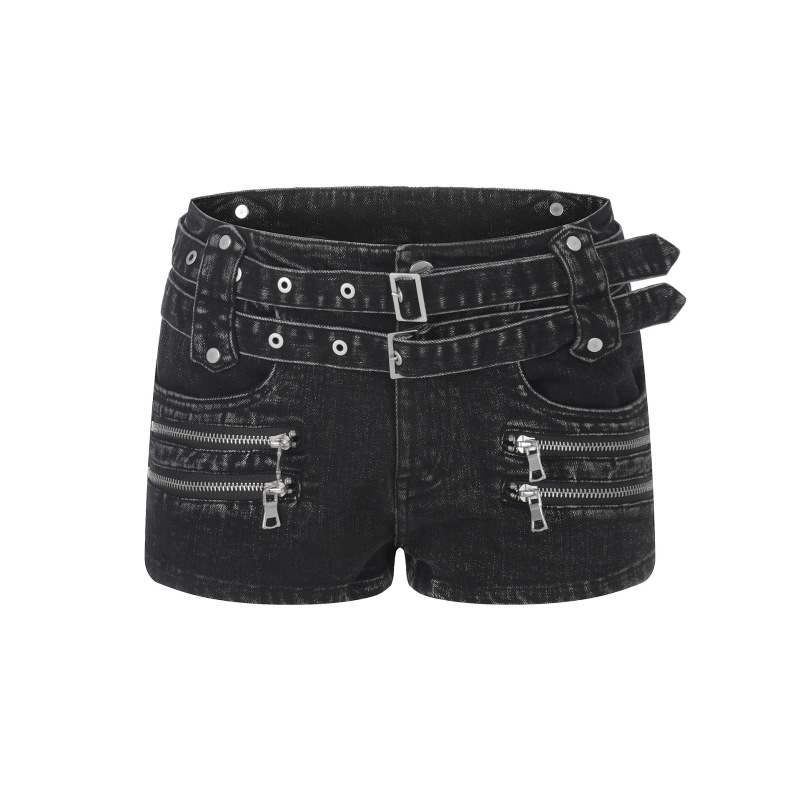 American-Style Spicy Girl Style Double Belt Zipper Design Low-Waist Denim Shorts with a Vintage Look, Slimming Ultra-Short Biker-Style Hip-Hugging Hot Pants American-Style Spicy Girl Style Double Belt Zipper Design Low-Waist Denim Shorts with a Vintage Look, Slimming Ultra-Short Biker-Style Hip-Hugging Hot Pants