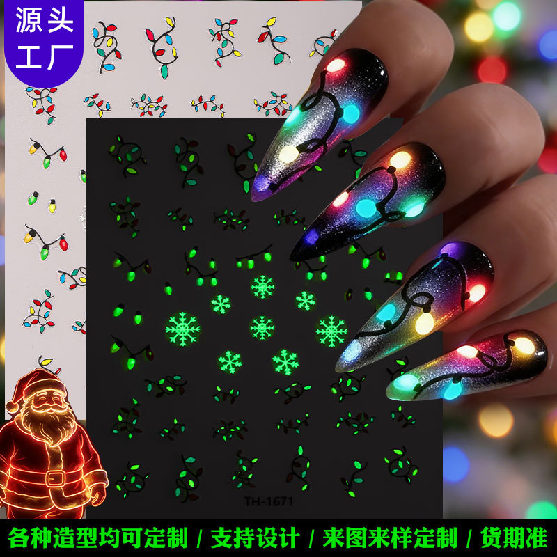 Zhengxiang Factory Customized Oem Luminous Christmas Nail Stickers Cartoon Reindeer Snowflake Adhesive Nail Stickers
