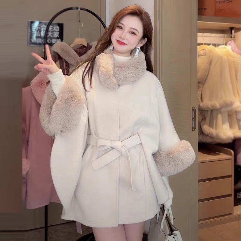 878 # Autumn and Winter New Imitation Rex Rabbit Fur Collar Knitted Shawl Cloak Lace-Up Woolen Outwear Women's Large Size Cardigan 878 # Autumn and Winter New Imitation Rex Rabbit Fur Collar Knitted Shawl Cloak Lace-Up Woolen Outwear Women's Large Size Cardigan