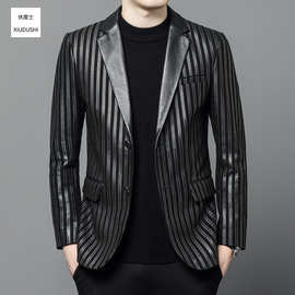 真皮男士西服2025春秋中青年时尚休闲竖条纹羊皮外套修身皮衣