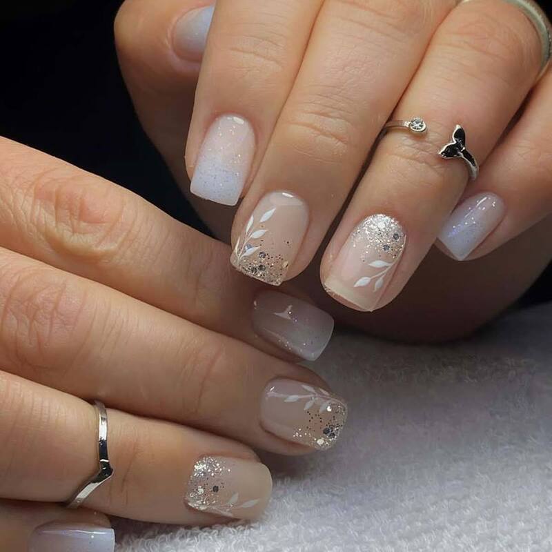 Cross-Border Wearable Nails White Gradient Manicure Short European Square Nails Simple Design Leaf Glitter Fake Nails Cross-Border Wearable Nails White Gradient Manicure Short European Square Nails Simple Design Leaf Glitter Fake Nails