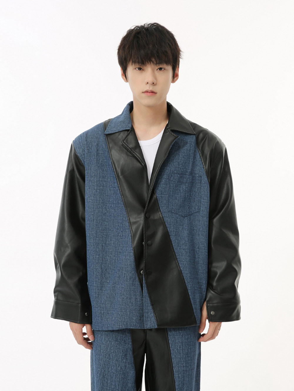 MTLCLOTHES Hombres| 2024 otoño nuevo producto nicho PU piel de color contraste chaqueta de empalme traje casual de moda