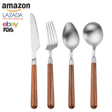 304不锈钢胡桃木刀叉勺复古木柄勺子牛排刀叉餐厅酒店餐具四件套