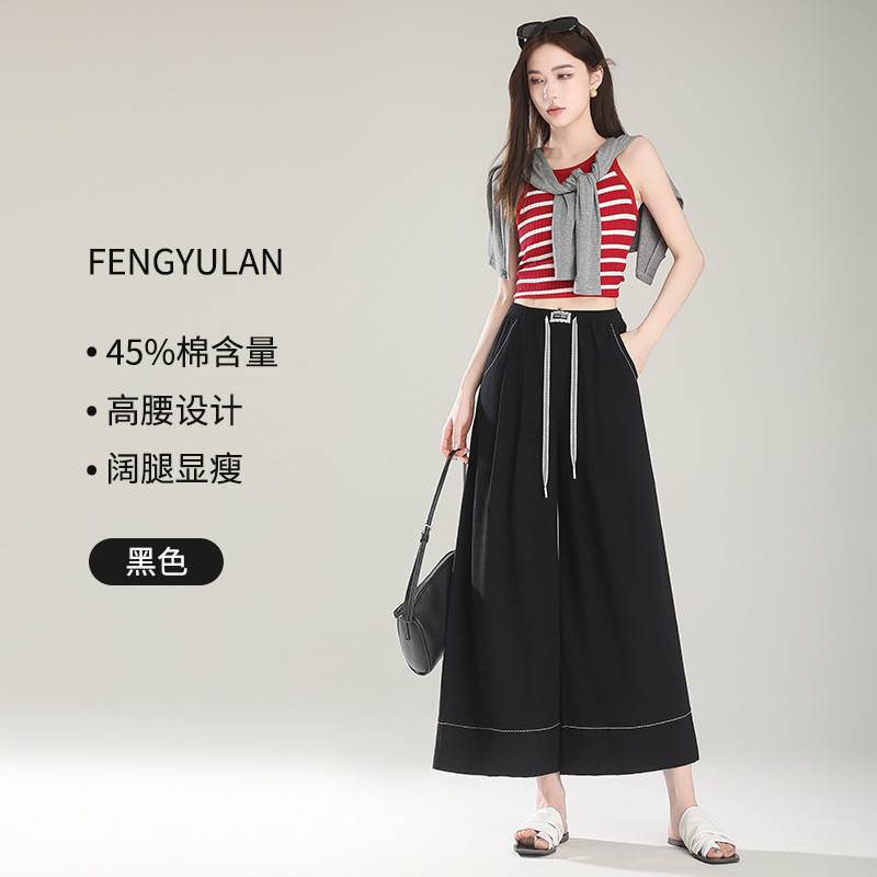 ゆったりとしたワイドレッグパンツ、イミテーションリネンレディースパンツ、夏用薄い肉をカバーするファッショナブルで通気性のある綿のキュロット2025新しいスタイル卸売|undefined