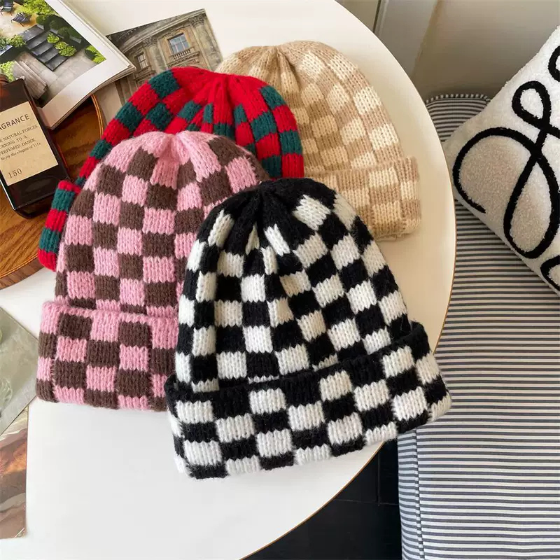 Demi-season double-layer chess, universal keep warm woolen knitted hat, increased thickness, oversize