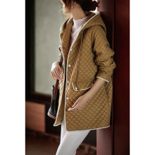 现货厂家清仓 菱格连帽棉服女新款宽松显瘦中长款轻薄夹棉外套女