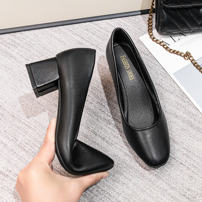 Soft-Soled Flats for Women, Shallow Leather Shoes, Medium Heels, Thick Heels, High Heels, Black Work Shoes, Square Toe Office Comfortable Front Desk