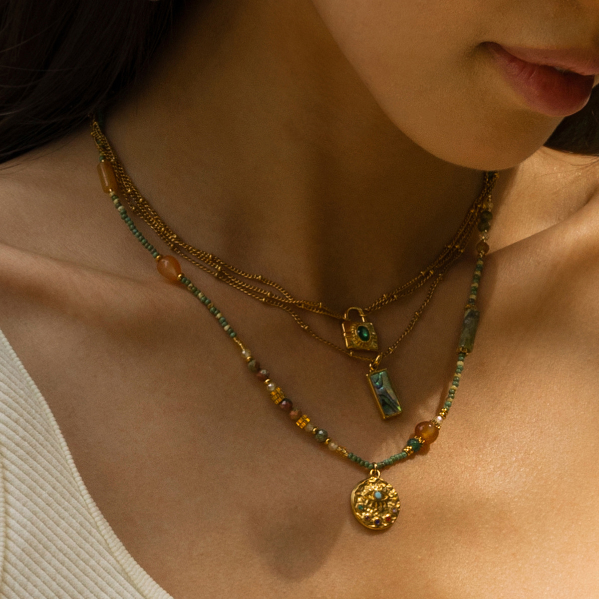 Taena, cerradura de acero inoxidable europea y americana, collar de múltiples capas, cuentas hechas a mano, cadena de clavícula de circón natural, joyería transfronteriza