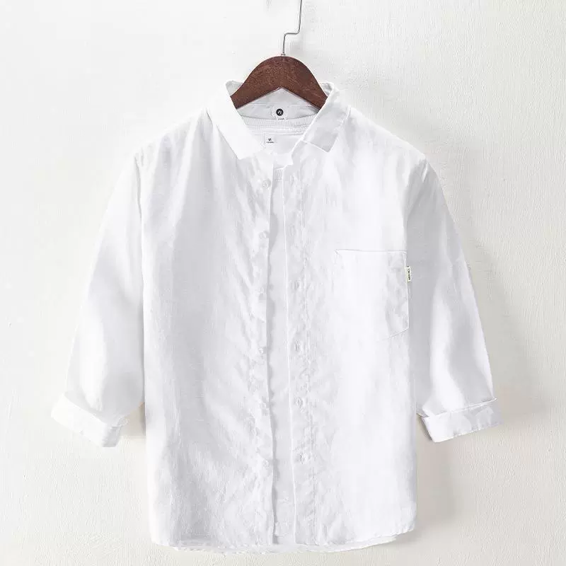 L849 Новая летняя рубашка с карманами, мужская повседневная льняная Однотонная рубашка с рукавами из семи точек, мужские цельные волосы