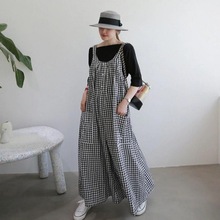 日系条纹背带裤宽松大码连体吊带裤女