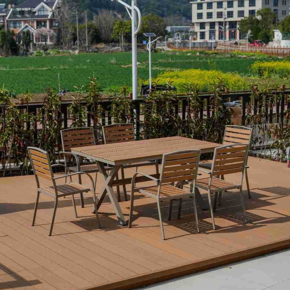 silla de madera de plástico combinada al aire libre balcón impermeable anticorrosión silla de respaldo café al aire libre mesa de té de leche image 3