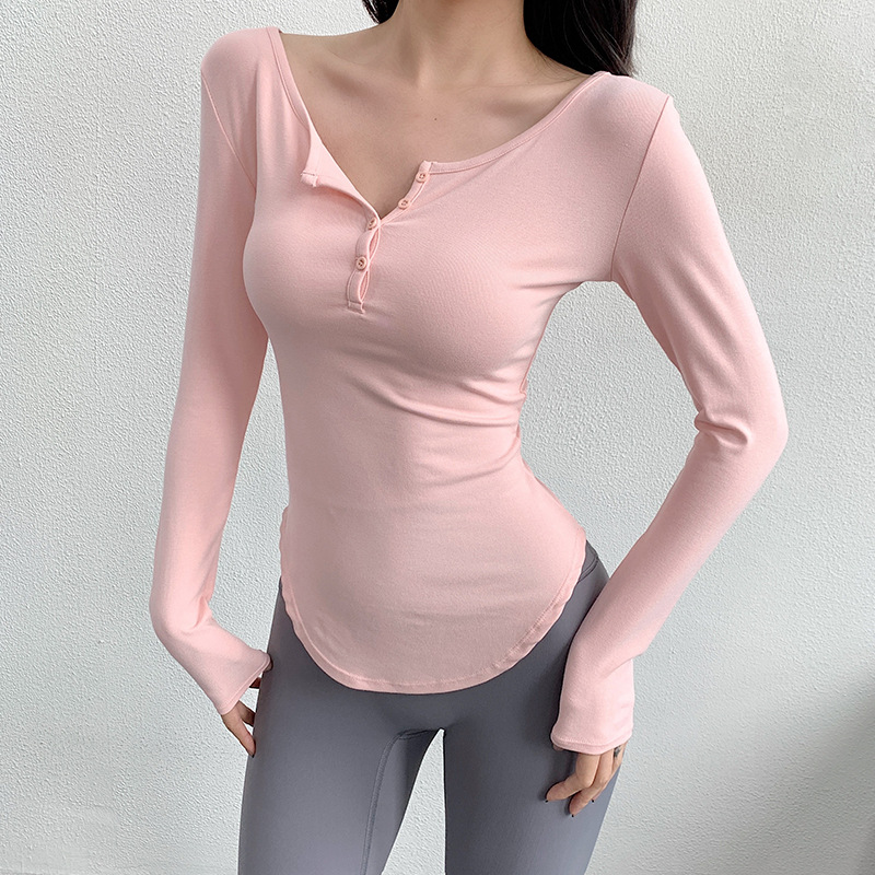 Autumn and Winter V Neck Yoga Long-Sleeved Pure Color Simple Training Fitness Sports Pilates Tops Outdoor Running Breathable Speed