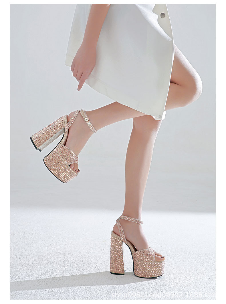 Sandal nữ siêu cao gót da thật đế dày chống trượt đính đá rhinestone gót 15 cm — Rượu sâm banh chi tiết 10