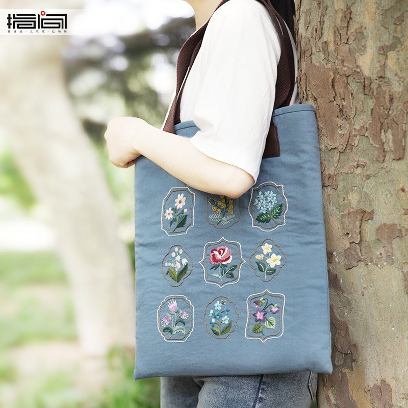 Hecho a mano DIY Lu bordado nuevo patchwork bolsa de las mujeres habitación individual bolsa grande regalo creativo imagen impresa bordado DIY bolsa de material