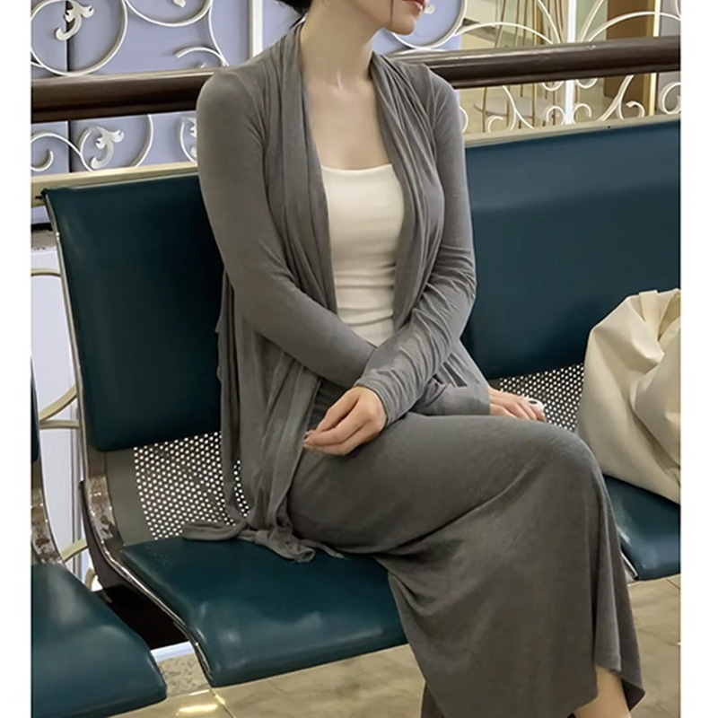 刘yi菲灰色休闲长袖开衫外套女薄款纯欲气质小个子外搭上衣+半裙|undefined