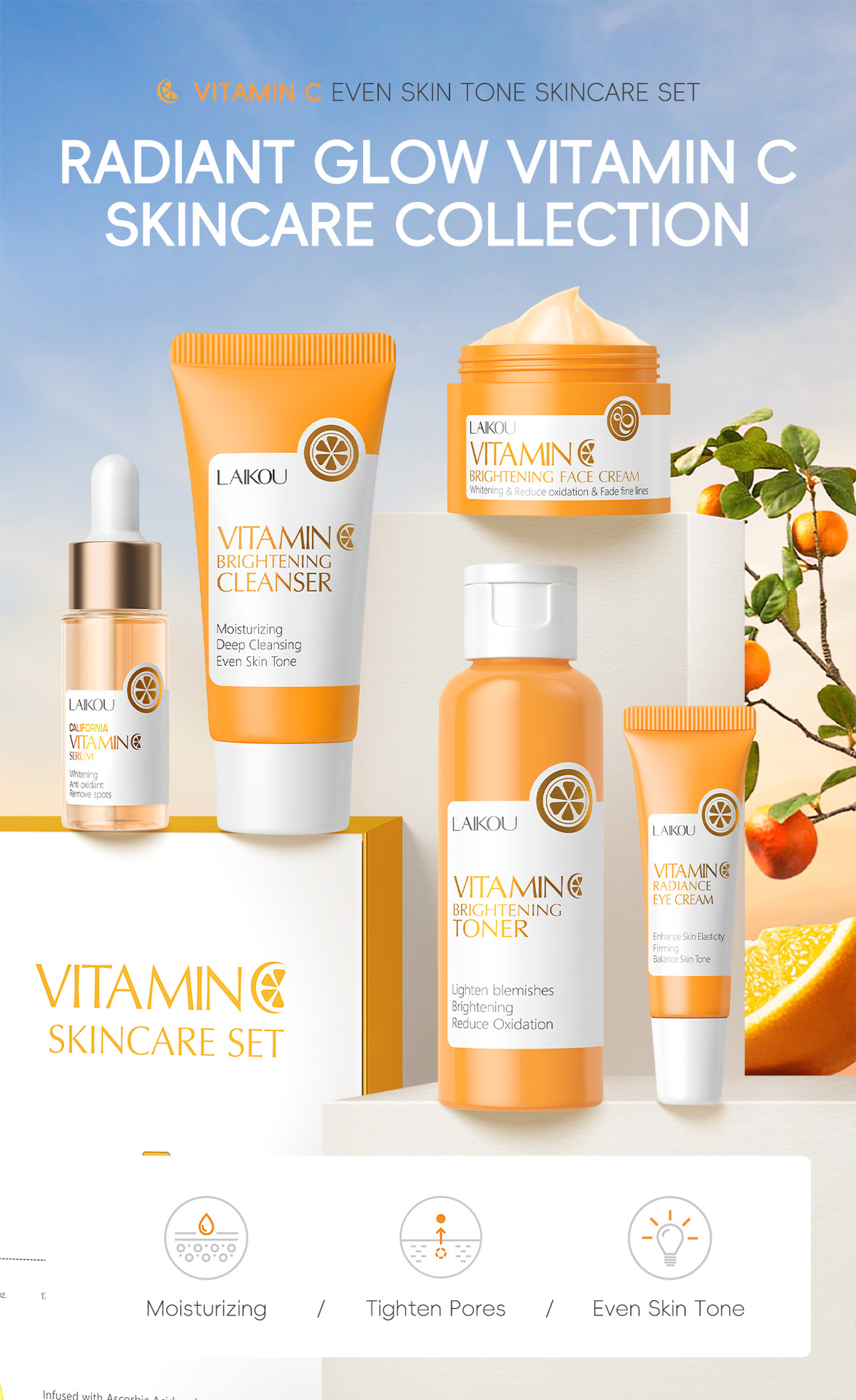 Cross-border LAIKOU Vitamin C series skin care set 5-piece set Hydrating facial care set wholesale manufacturer in stock Application Scenario