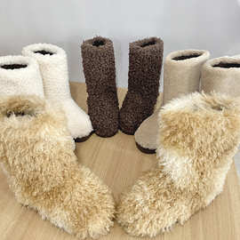 跨境毛毛靴子女士冬季保暖加绒羊毛中筒外穿毛绒高帮居家羊羔代发