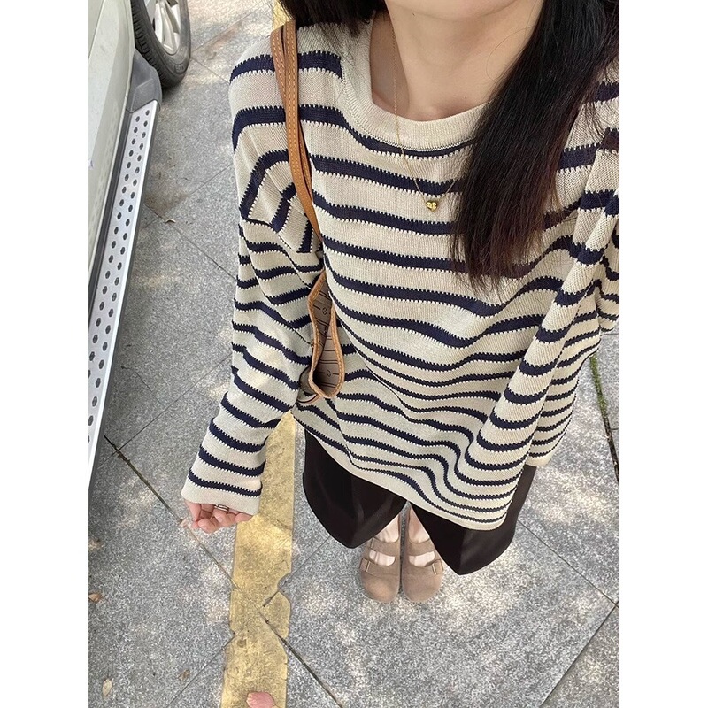 韩系设计感条纹薄款长袖T恤女2025夏季新款慵懒风防晒罩衫上衣|undefined