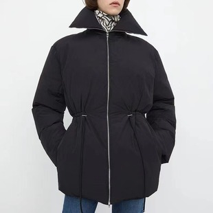 tot **Swedish niche classic simple waist drawstring design stand collar thickened down jacket mid-length top