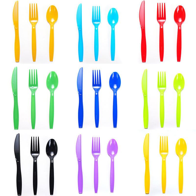 10 polvo de oro plástico desechable cuchillo y tenedor cucharas sin patrón PS tenedor de plástico de color en stock al por mayor