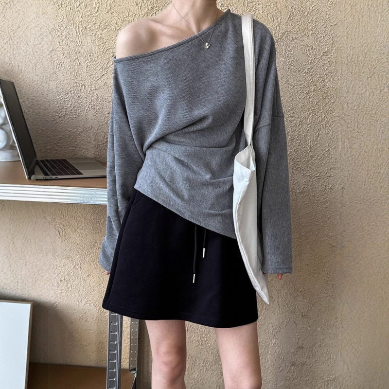 设计感美式斜领一字肩卫衣女秋季韩版收腰显瘦内搭打底衫长袖上衣|undefined