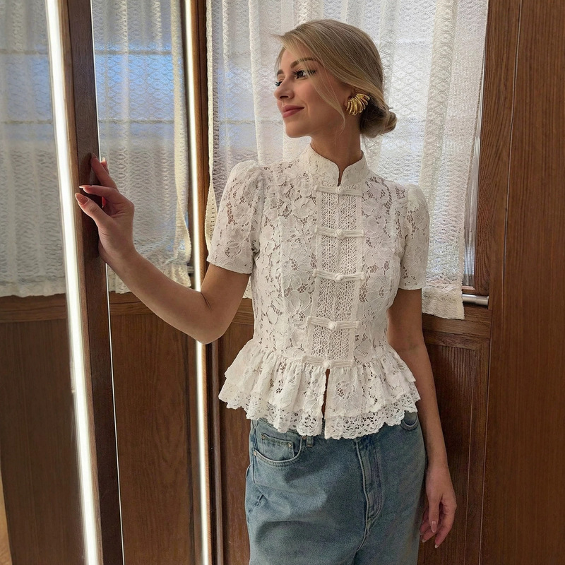 European and American Style Women's Short-Sleeve Lace Stand-Collar Slim-Fit Shirt with a Stylish Lace Hem, Available from Overseas Warehouse