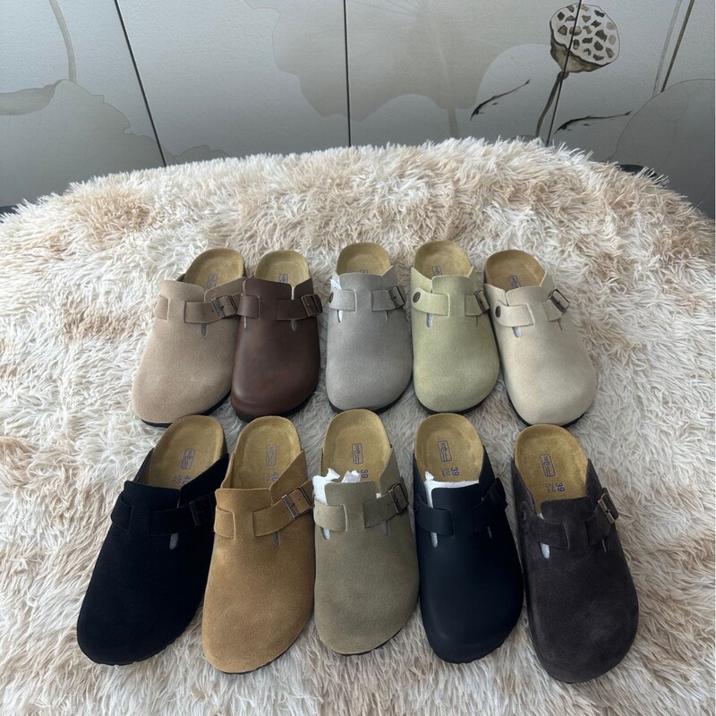 Foreign Trade in stock BK Birkenstocks Slippers Half-Slip-On Baotou Slip-On Cork Bottom Real Cowhide Thick Bottom Height Increase for Men and Women